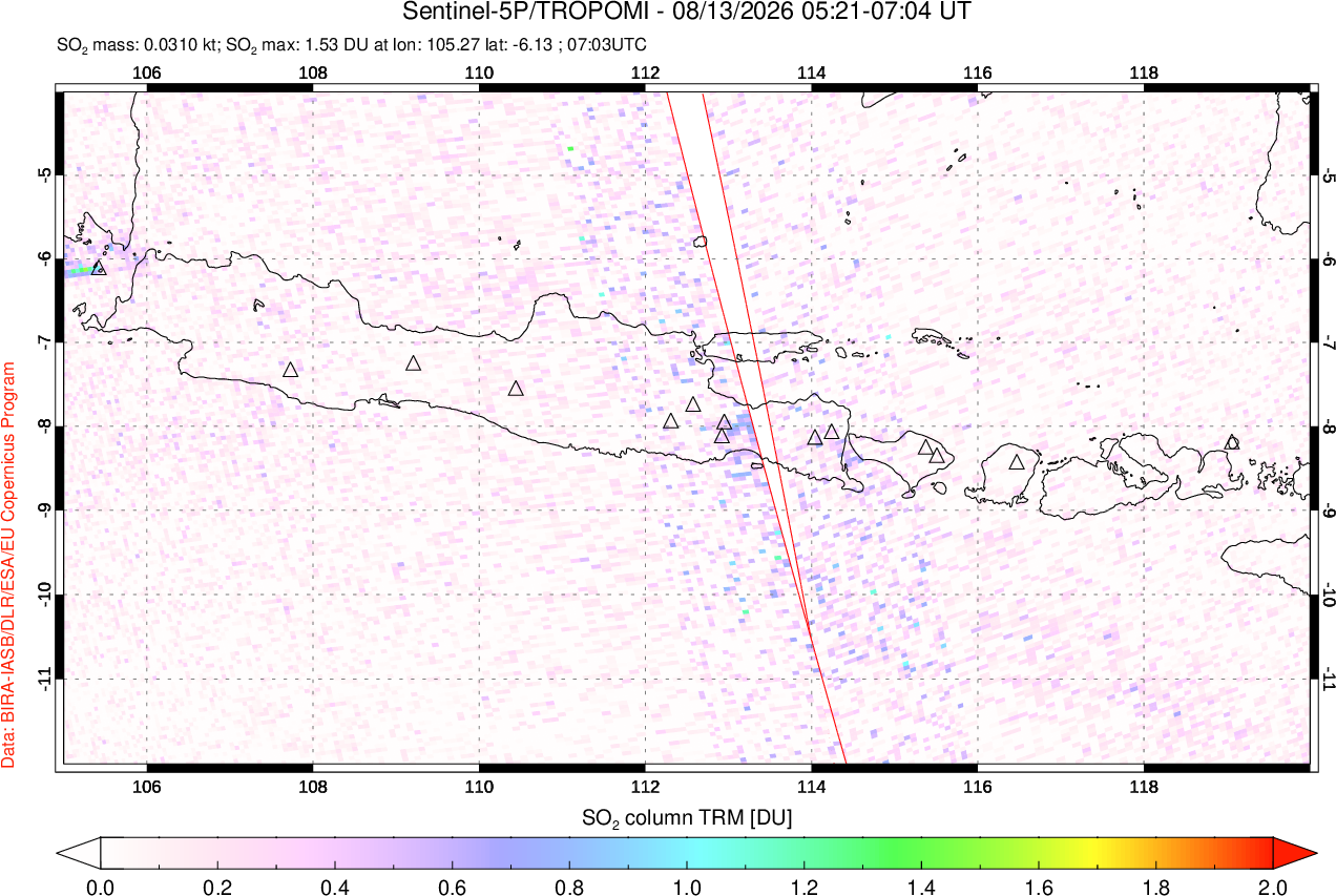 A sulfur dioxide image over Java, Indonesia on Aug 13, 2026.