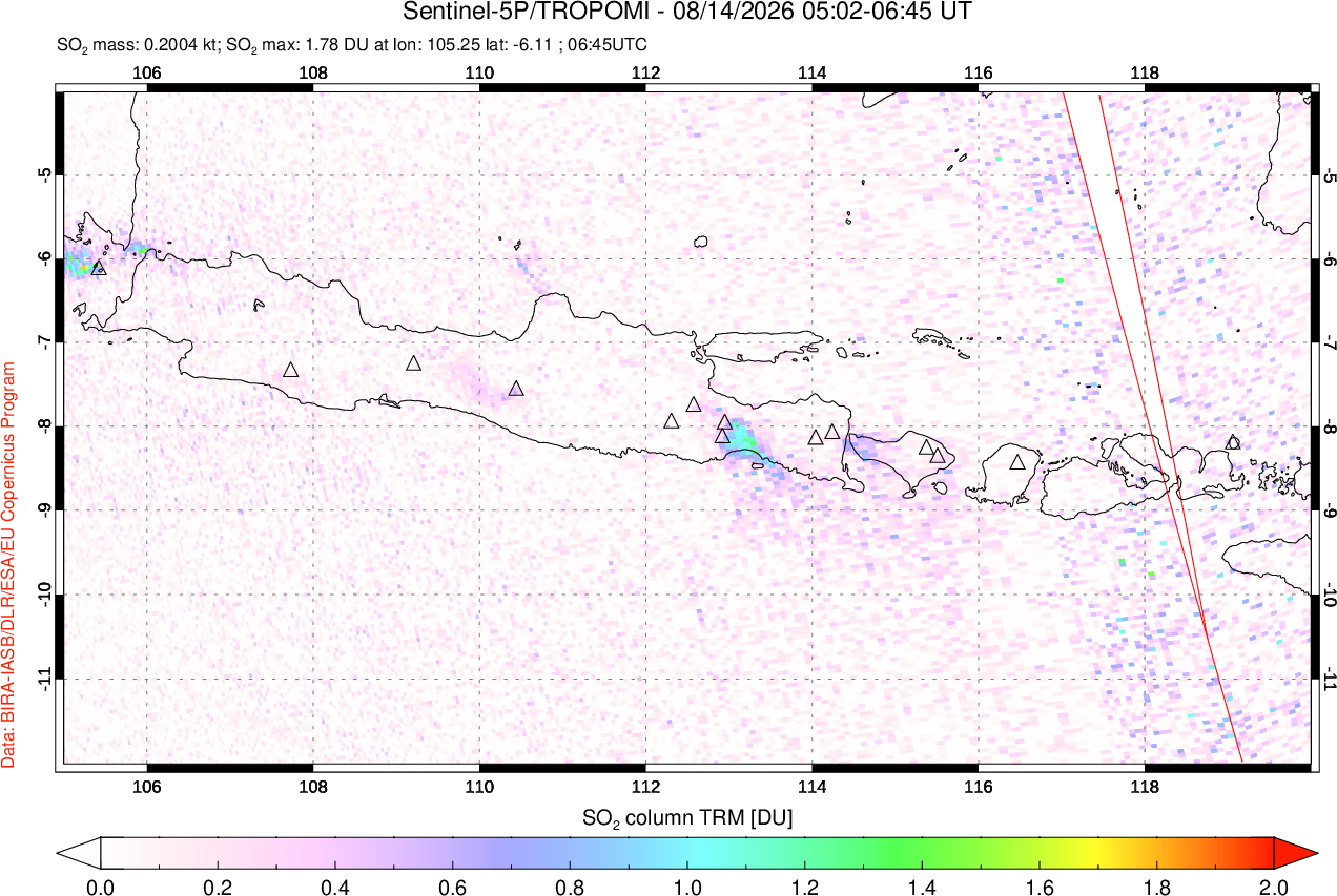 A sulfur dioxide image over Java, Indonesia on Aug 14, 2026.