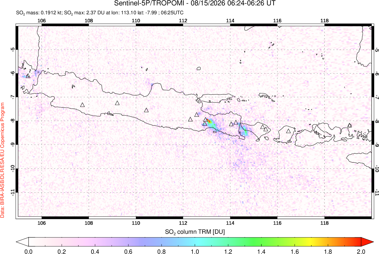 A sulfur dioxide image over Java, Indonesia on Aug 15, 2026.