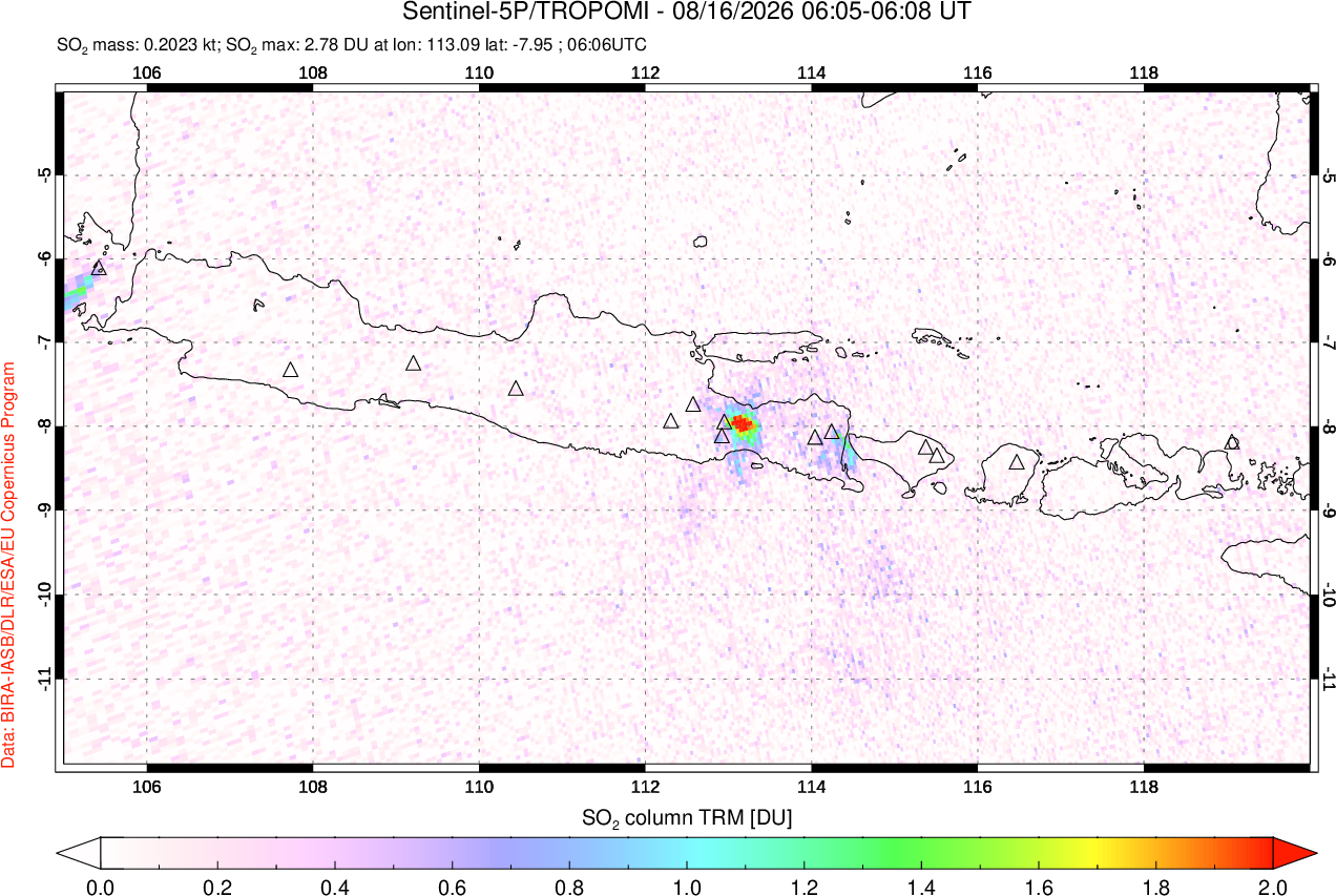 A sulfur dioxide image over Java, Indonesia on Aug 16, 2026.