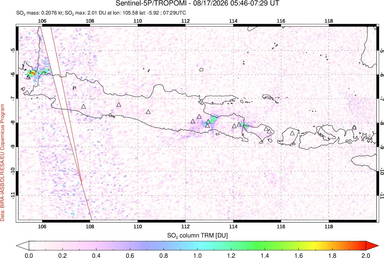 A sulfur dioxide image over Java, Indonesia on Aug 17, 2026.