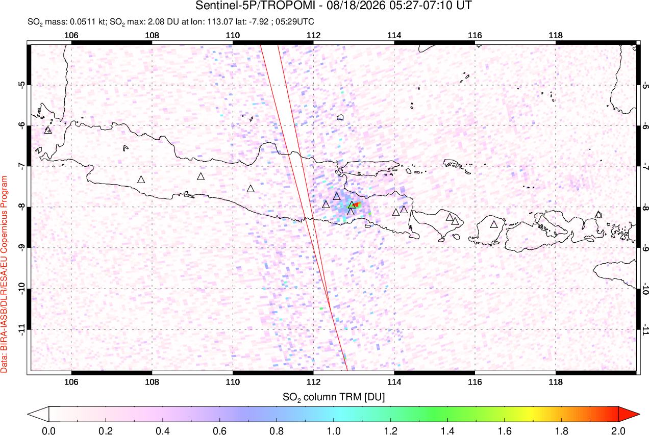 A sulfur dioxide image over Java, Indonesia on Aug 18, 2026.