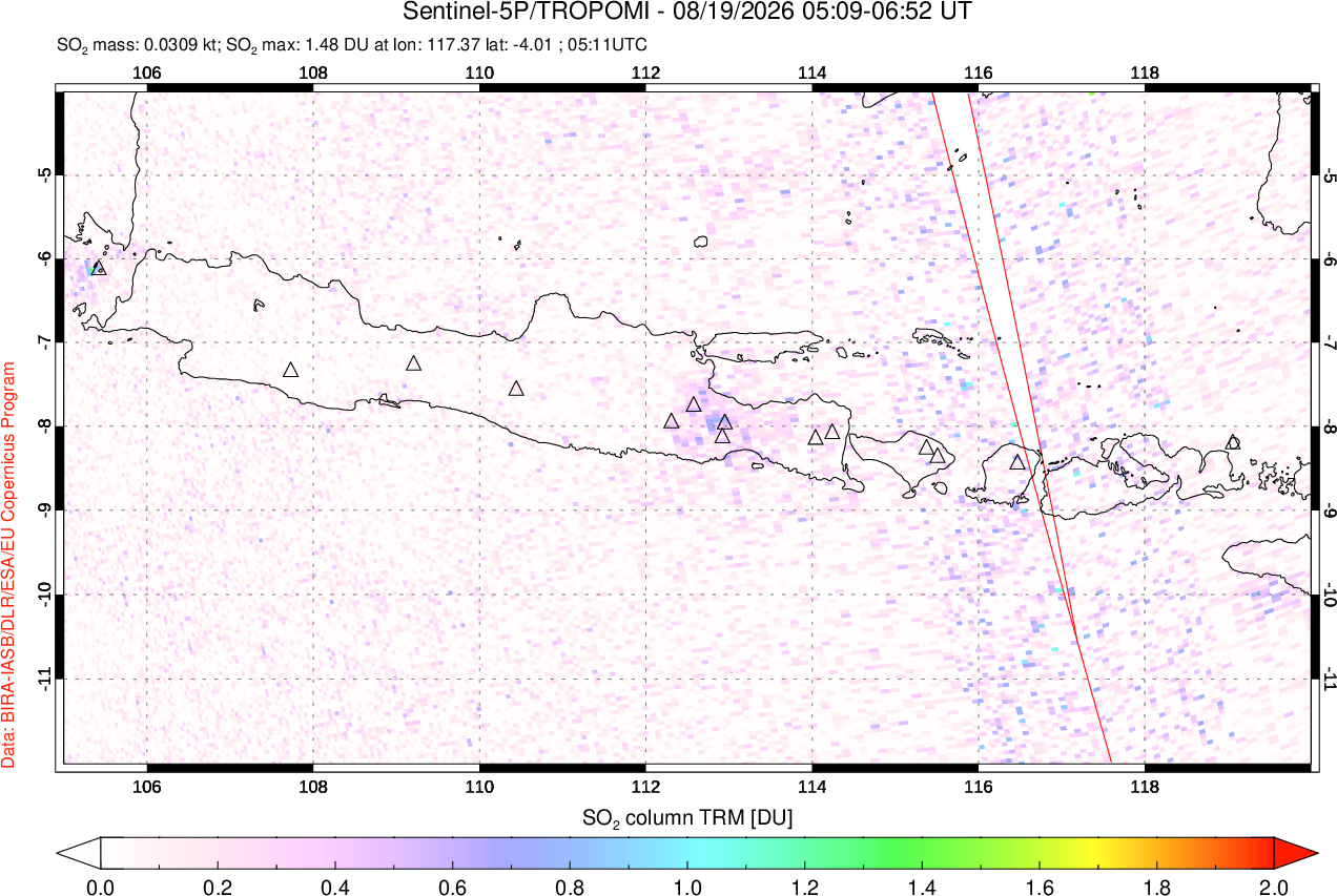 A sulfur dioxide image over Java, Indonesia on Aug 19, 2026.