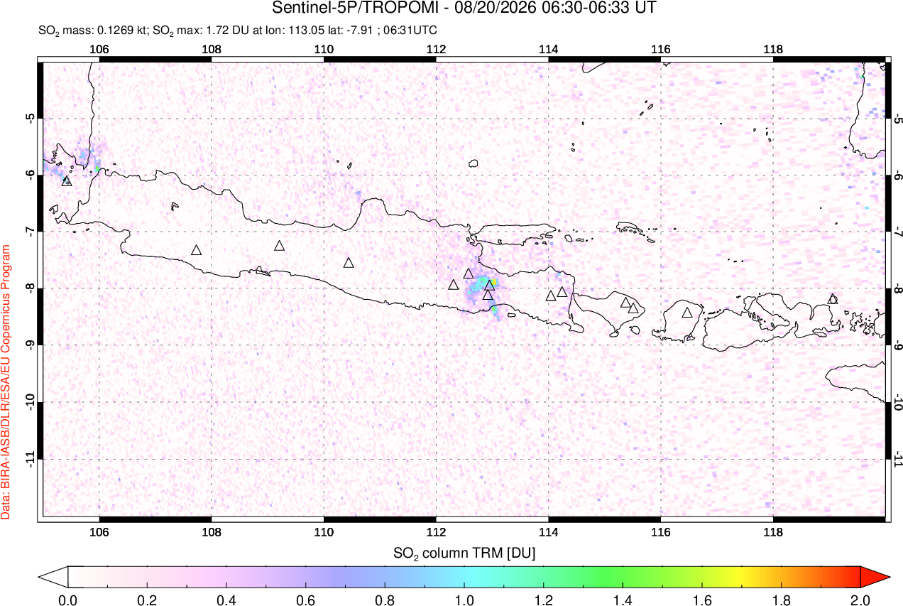 A sulfur dioxide image over Java, Indonesia on Aug 20, 2026.