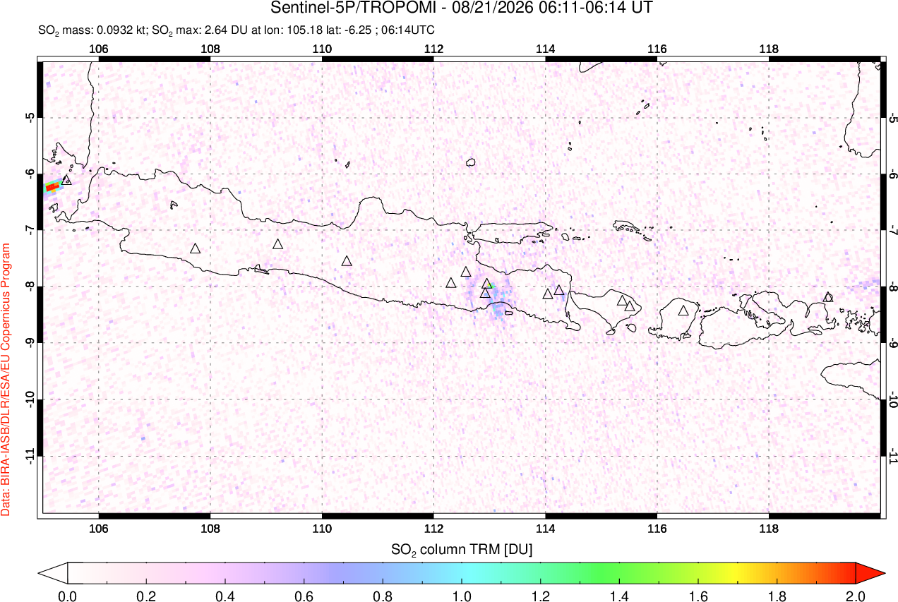 A sulfur dioxide image over Java, Indonesia on Aug 21, 2026.
