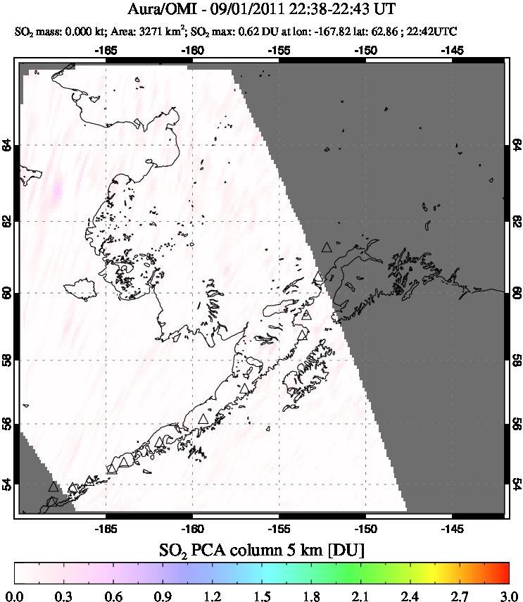 A sulfur dioxide image over Alaska, USA on Sep 01, 2011.