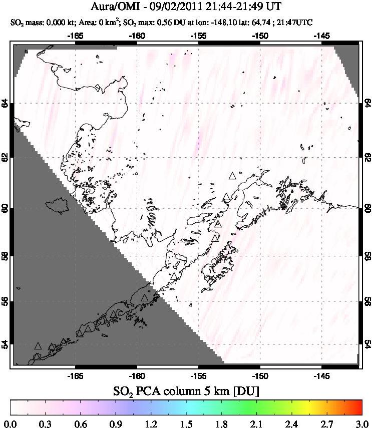 A sulfur dioxide image over Alaska, USA on Sep 02, 2011.