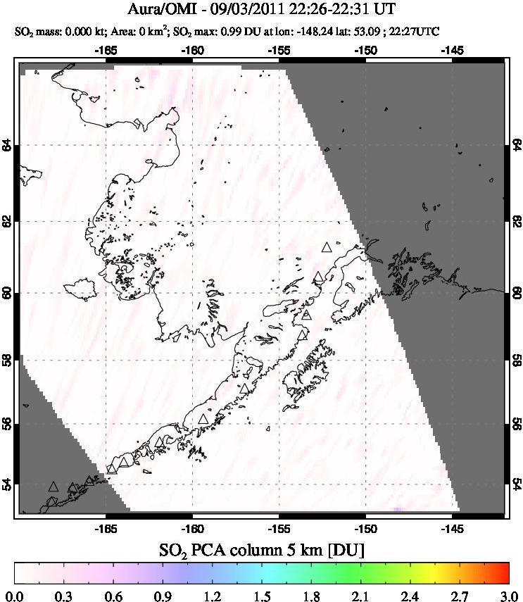 A sulfur dioxide image over Alaska, USA on Sep 03, 2011.
