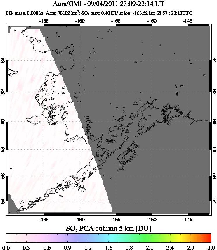 A sulfur dioxide image over Alaska, USA on Sep 04, 2011.