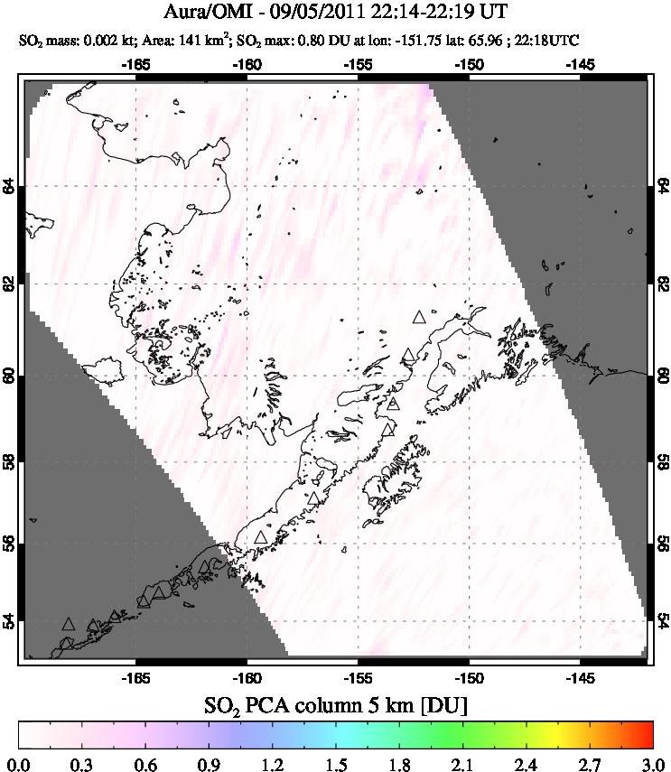 A sulfur dioxide image over Alaska, USA on Sep 05, 2011.