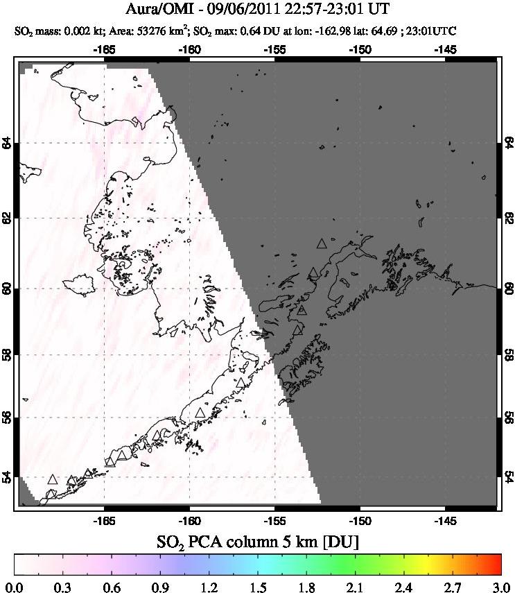 A sulfur dioxide image over Alaska, USA on Sep 06, 2011.