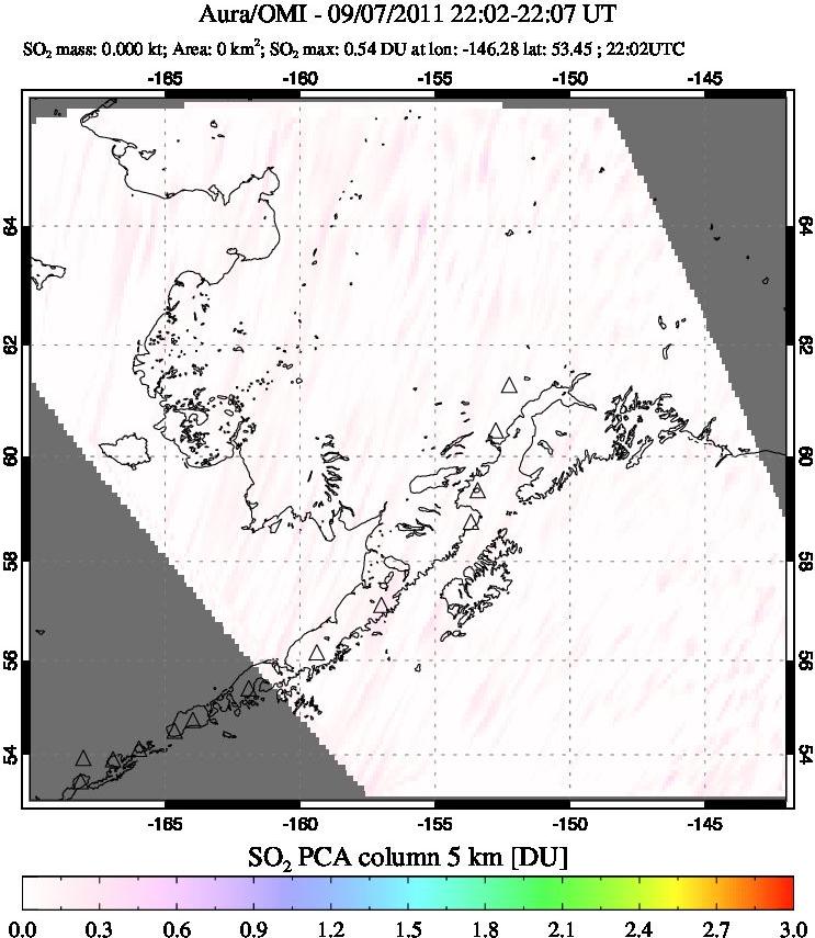 A sulfur dioxide image over Alaska, USA on Sep 07, 2011.