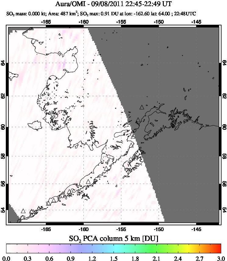 A sulfur dioxide image over Alaska, USA on Sep 08, 2011.