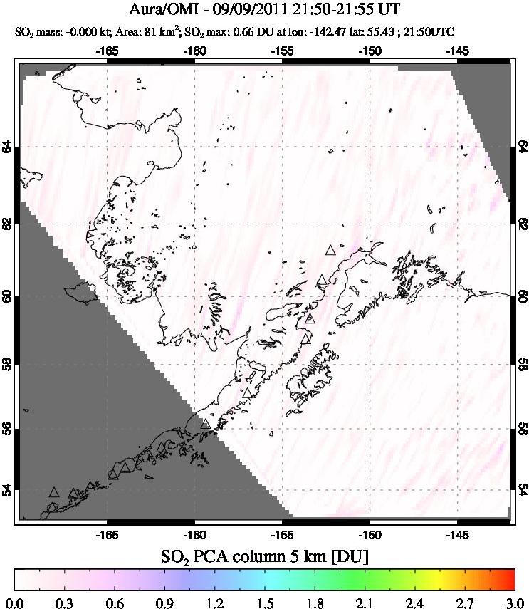 A sulfur dioxide image over Alaska, USA on Sep 09, 2011.