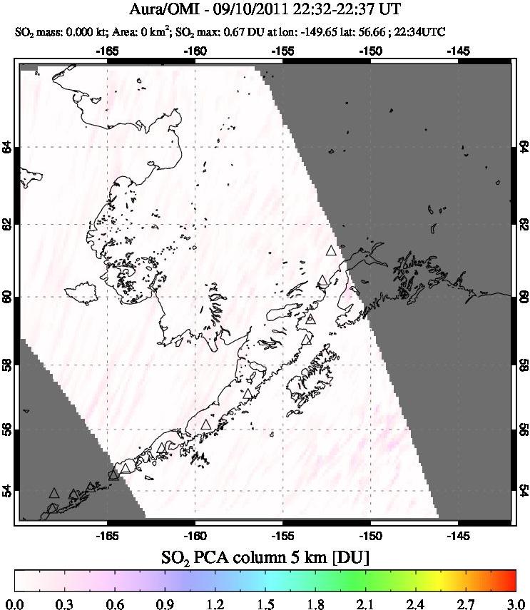 A sulfur dioxide image over Alaska, USA on Sep 10, 2011.
