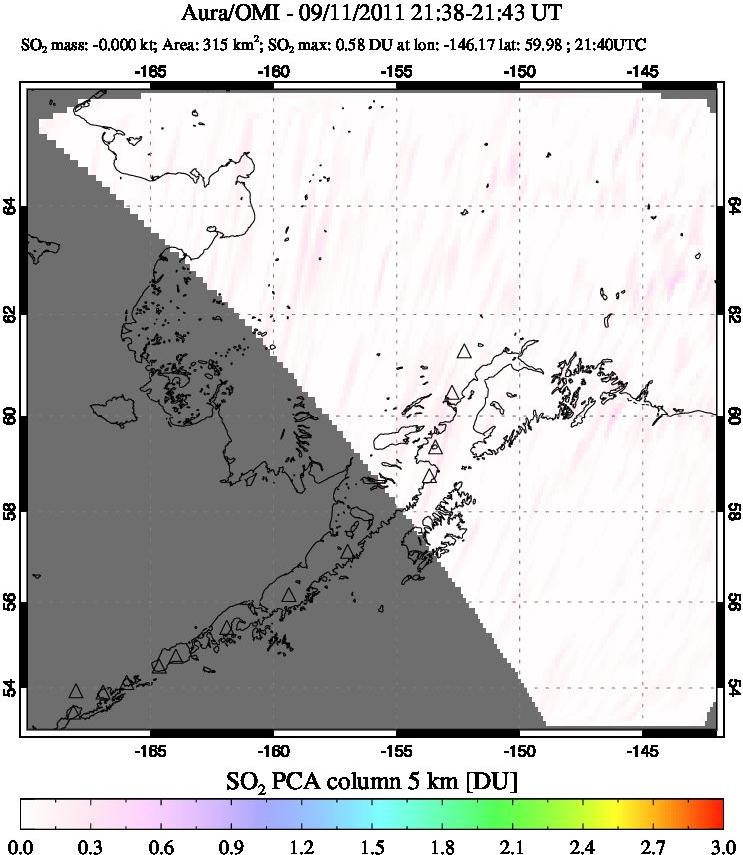 A sulfur dioxide image over Alaska, USA on Sep 11, 2011.