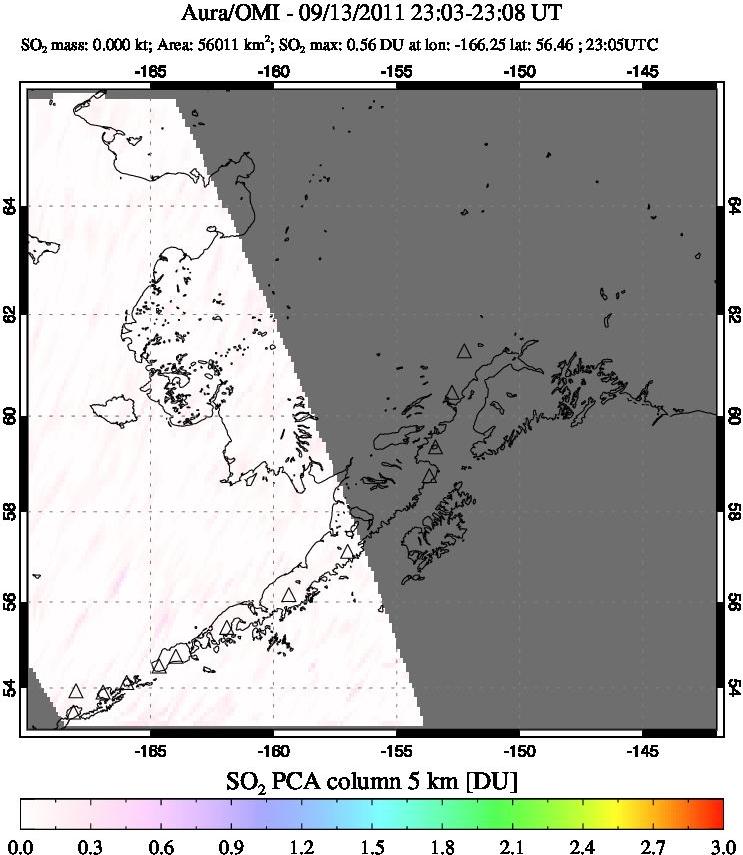 A sulfur dioxide image over Alaska, USA on Sep 13, 2011.