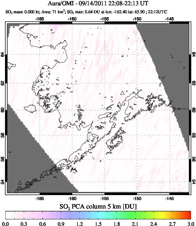 A sulfur dioxide image over Alaska, USA on Sep 14, 2011.