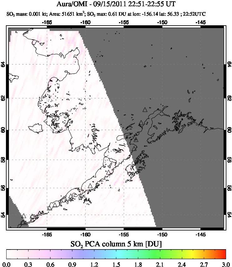A sulfur dioxide image over Alaska, USA on Sep 15, 2011.