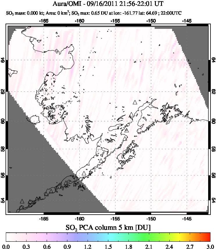 A sulfur dioxide image over Alaska, USA on Sep 16, 2011.