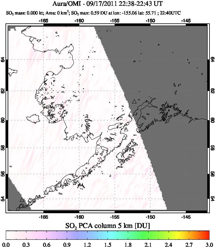 A sulfur dioxide image over Alaska, USA on Sep 17, 2011.