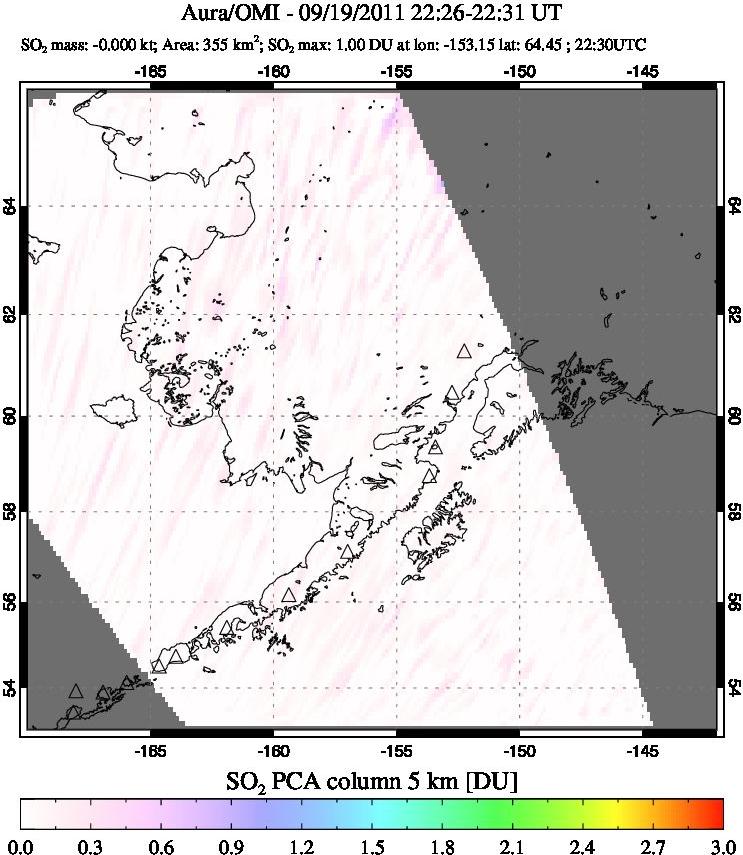 A sulfur dioxide image over Alaska, USA on Sep 19, 2011.