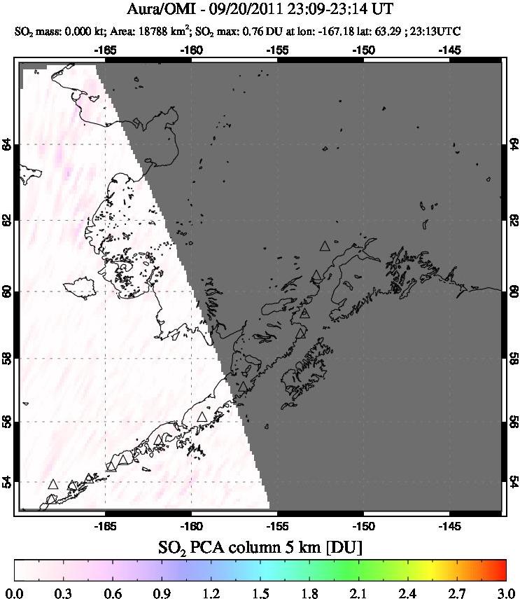 A sulfur dioxide image over Alaska, USA on Sep 20, 2011.