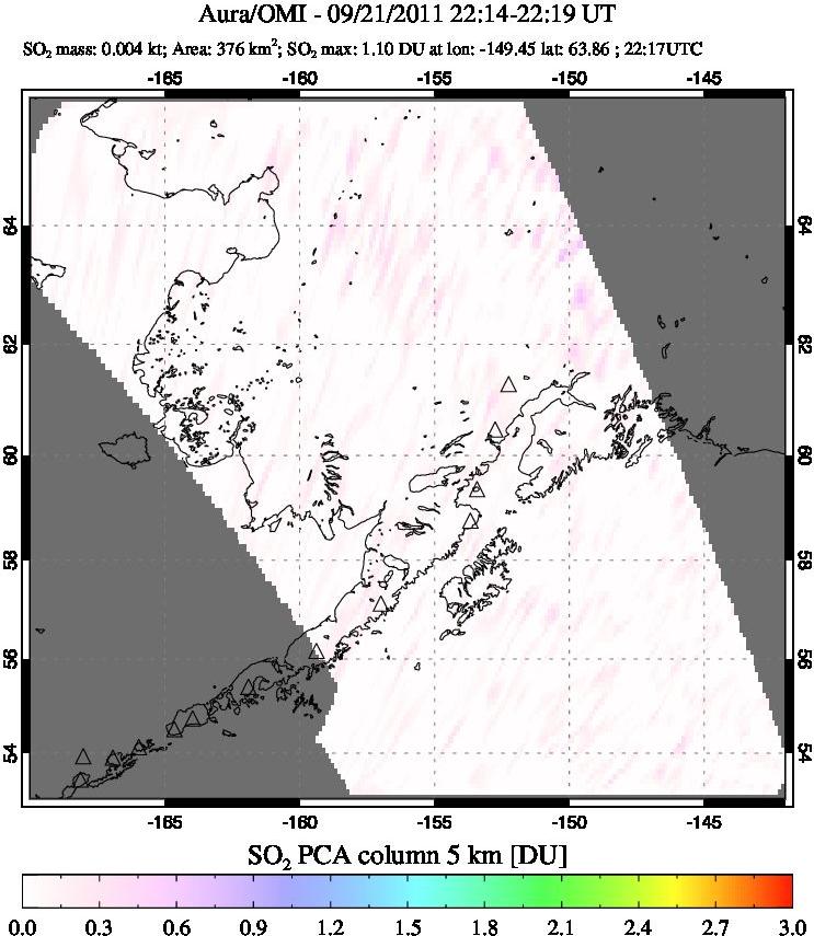 A sulfur dioxide image over Alaska, USA on Sep 21, 2011.