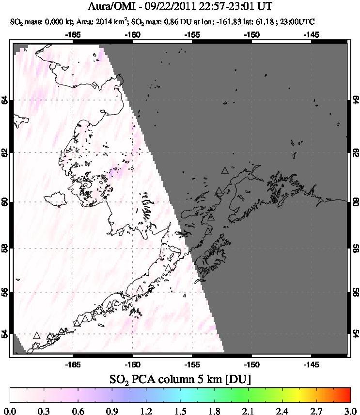 A sulfur dioxide image over Alaska, USA on Sep 22, 2011.
