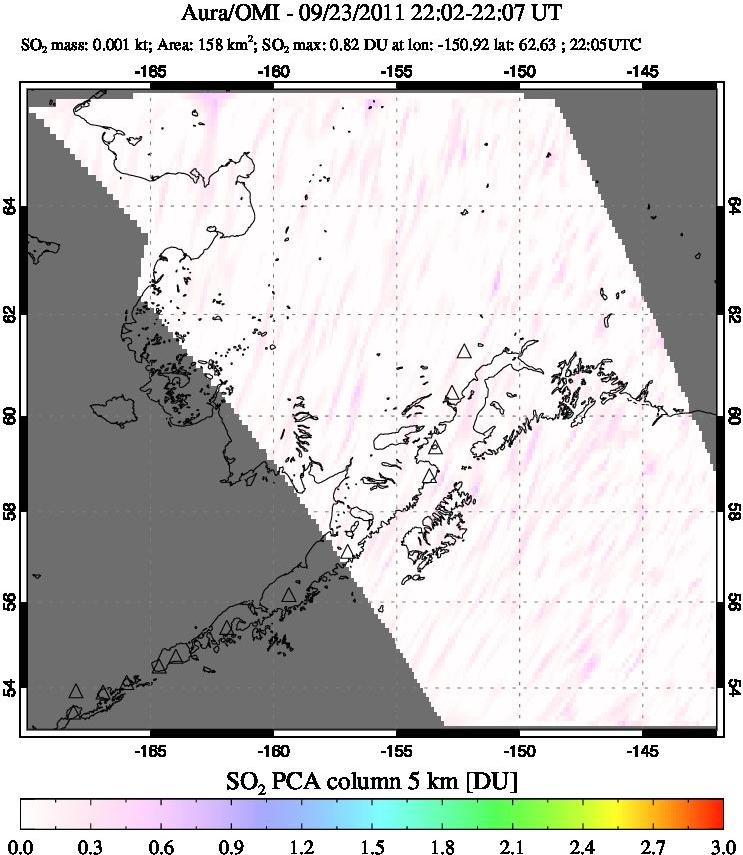 A sulfur dioxide image over Alaska, USA on Sep 23, 2011.