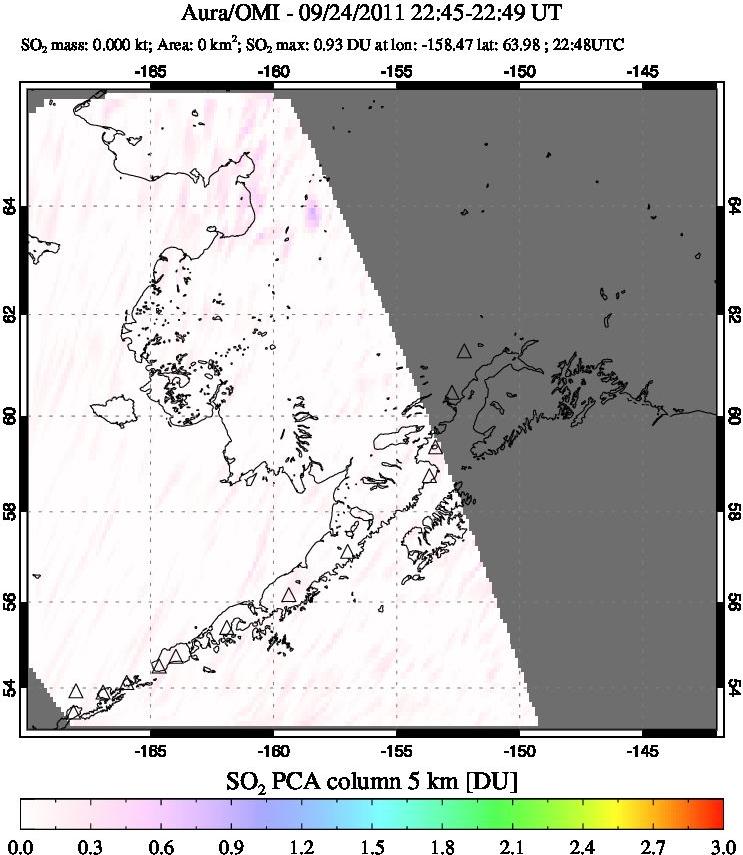 A sulfur dioxide image over Alaska, USA on Sep 24, 2011.