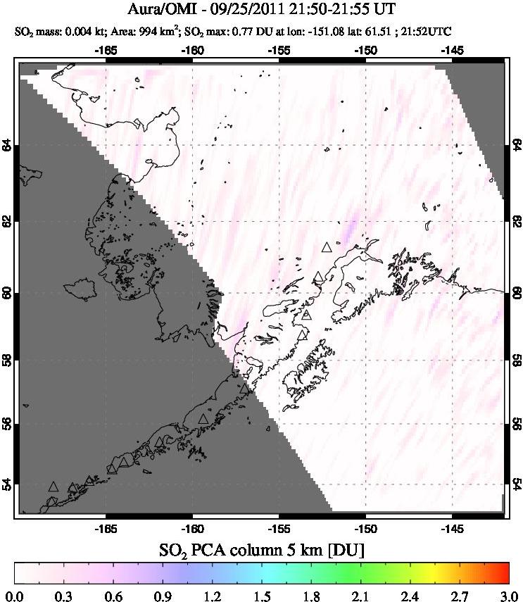 A sulfur dioxide image over Alaska, USA on Sep 25, 2011.