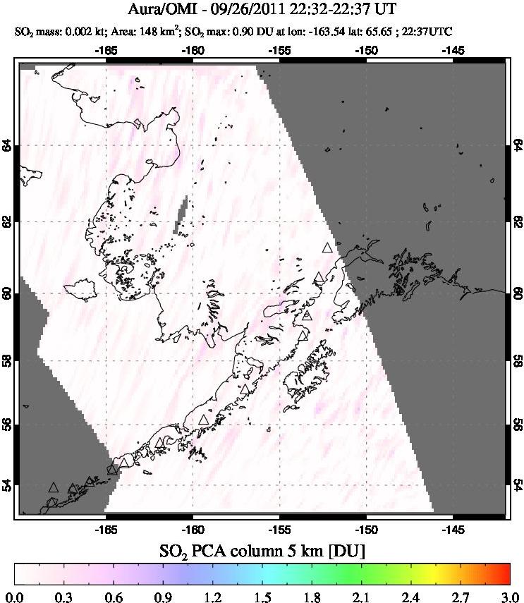 A sulfur dioxide image over Alaska, USA on Sep 26, 2011.