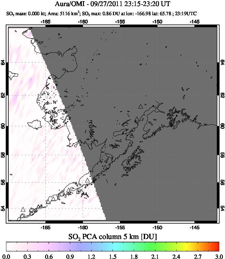 A sulfur dioxide image over Alaska, USA on Sep 27, 2011.