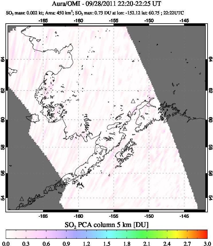 A sulfur dioxide image over Alaska, USA on Sep 28, 2011.