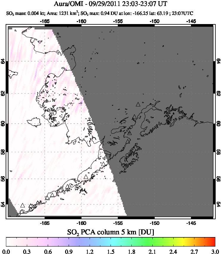 A sulfur dioxide image over Alaska, USA on Sep 29, 2011.