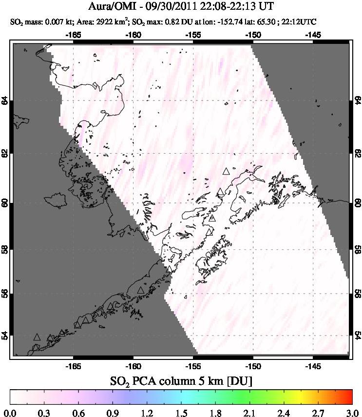 A sulfur dioxide image over Alaska, USA on Sep 30, 2011.