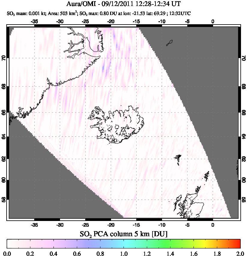A sulfur dioxide image over Iceland on Sep 12, 2011.