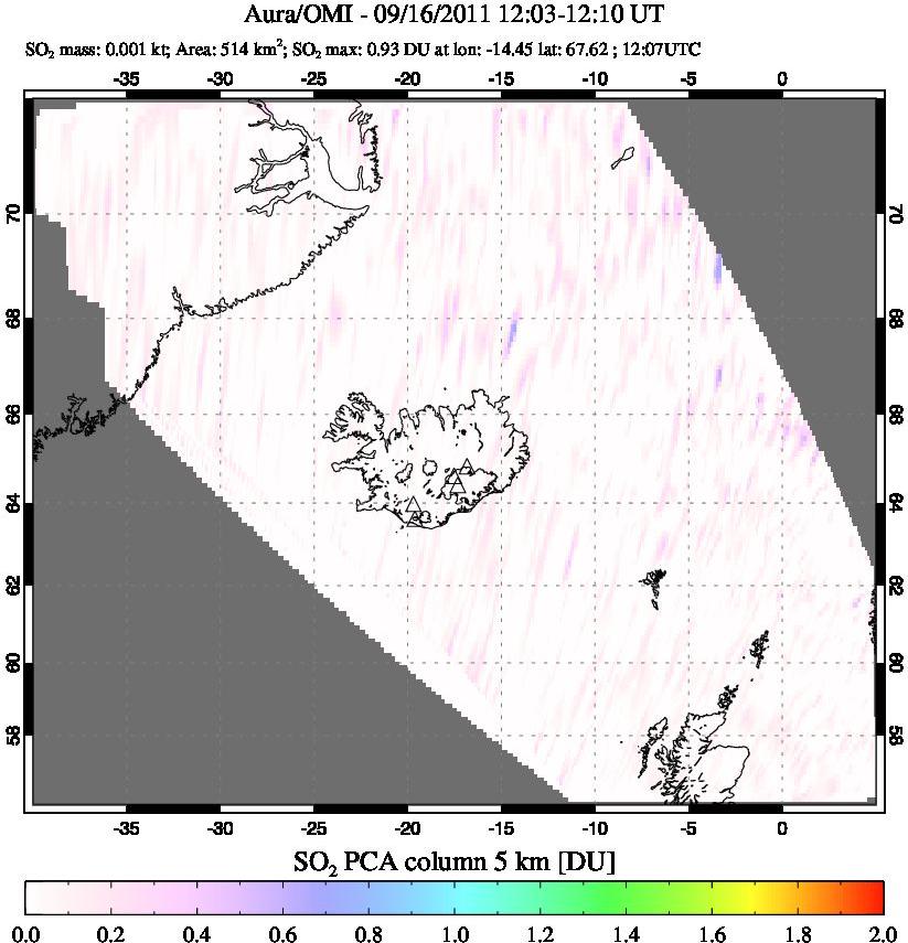A sulfur dioxide image over Iceland on Sep 16, 2011.