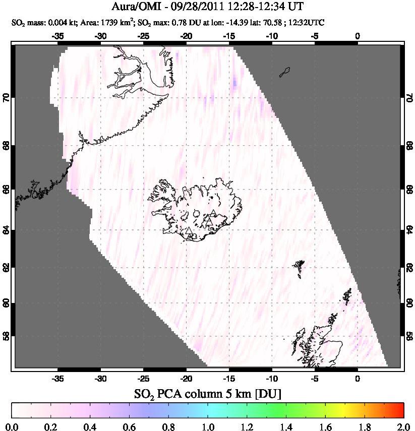 A sulfur dioxide image over Iceland on Sep 28, 2011.