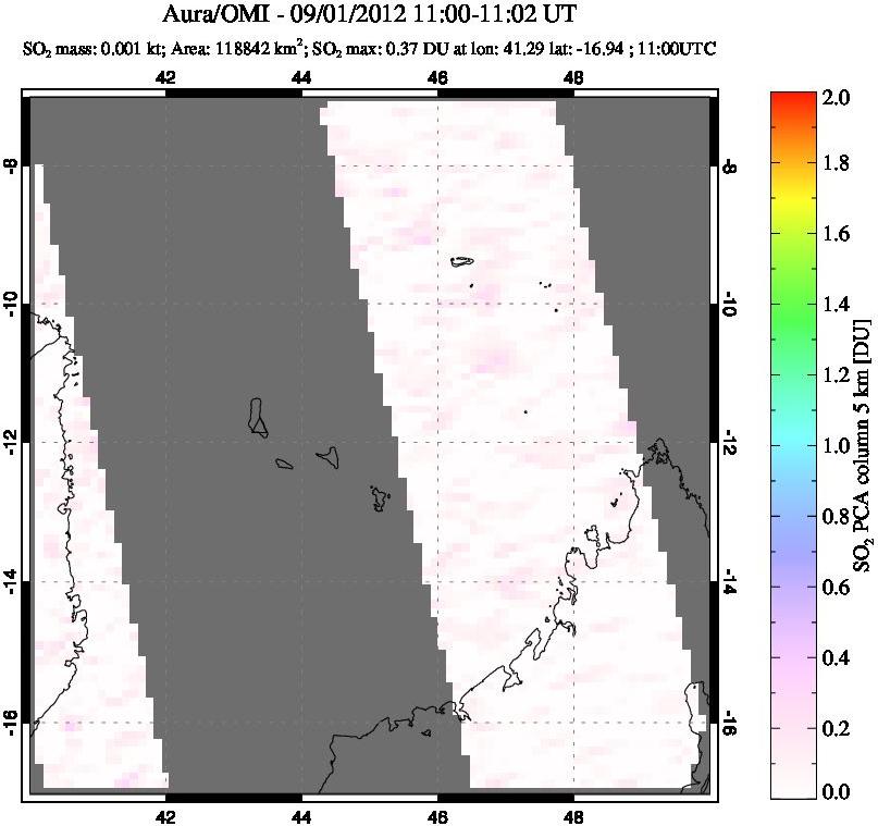 A sulfur dioxide image over Comoro Islands on Sep 01, 2012.