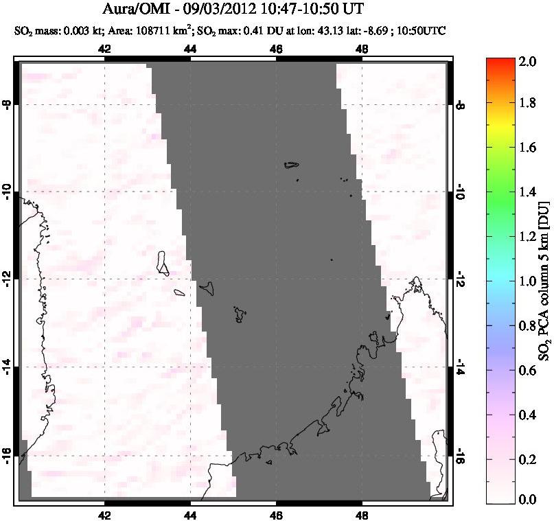 A sulfur dioxide image over Comoro Islands on Sep 03, 2012.