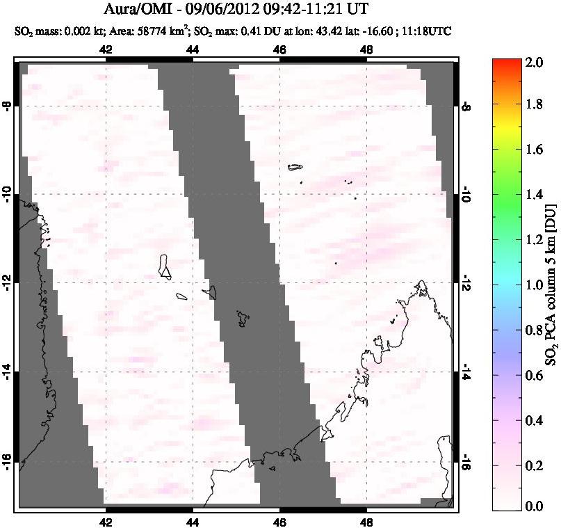 A sulfur dioxide image over Comoro Islands on Sep 06, 2012.