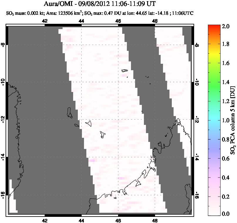 A sulfur dioxide image over Comoro Islands on Sep 08, 2012.