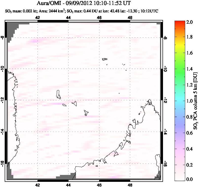A sulfur dioxide image over Comoro Islands on Sep 09, 2012.