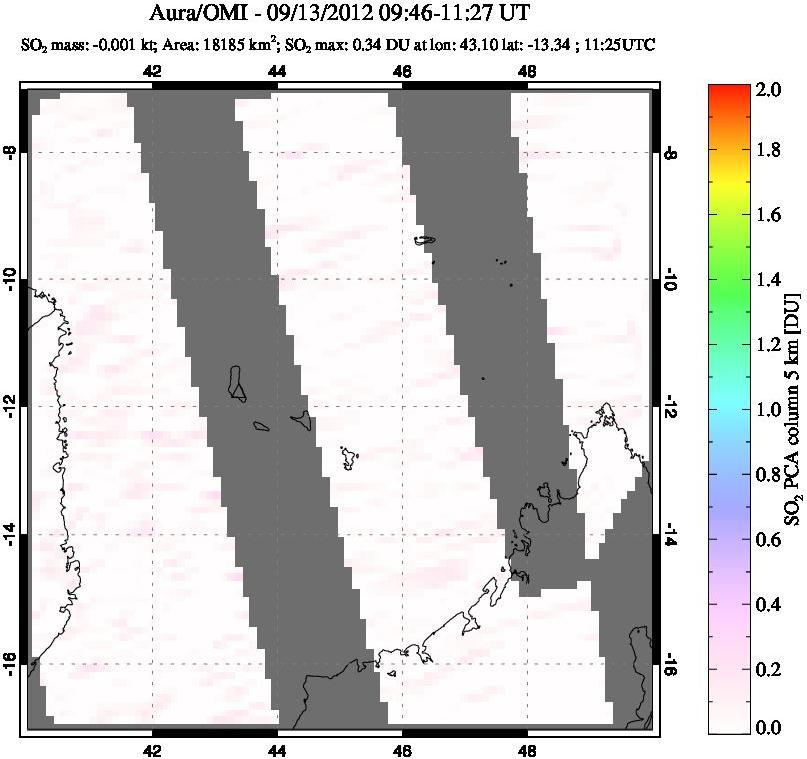 A sulfur dioxide image over Comoro Islands on Sep 13, 2012.