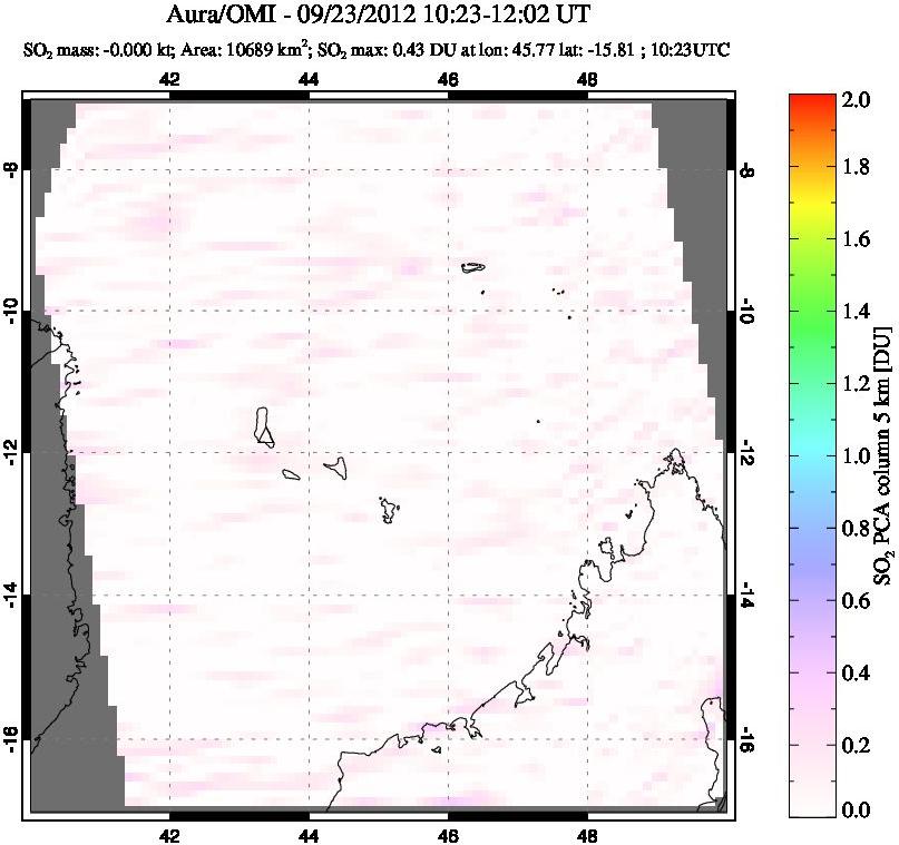 A sulfur dioxide image over Comoro Islands on Sep 23, 2012.
