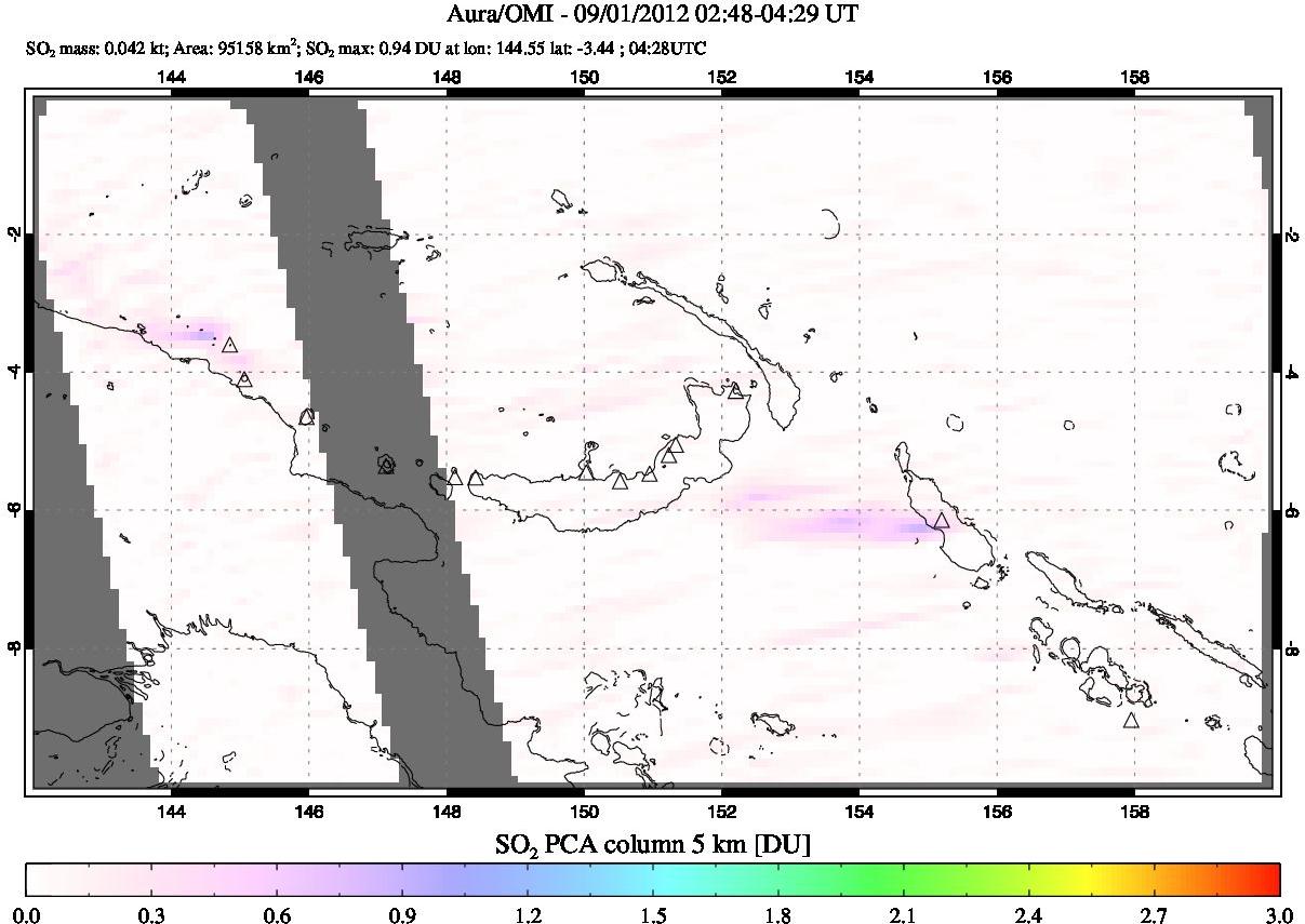 A sulfur dioxide image over Papua, New Guinea on Sep 01, 2012.