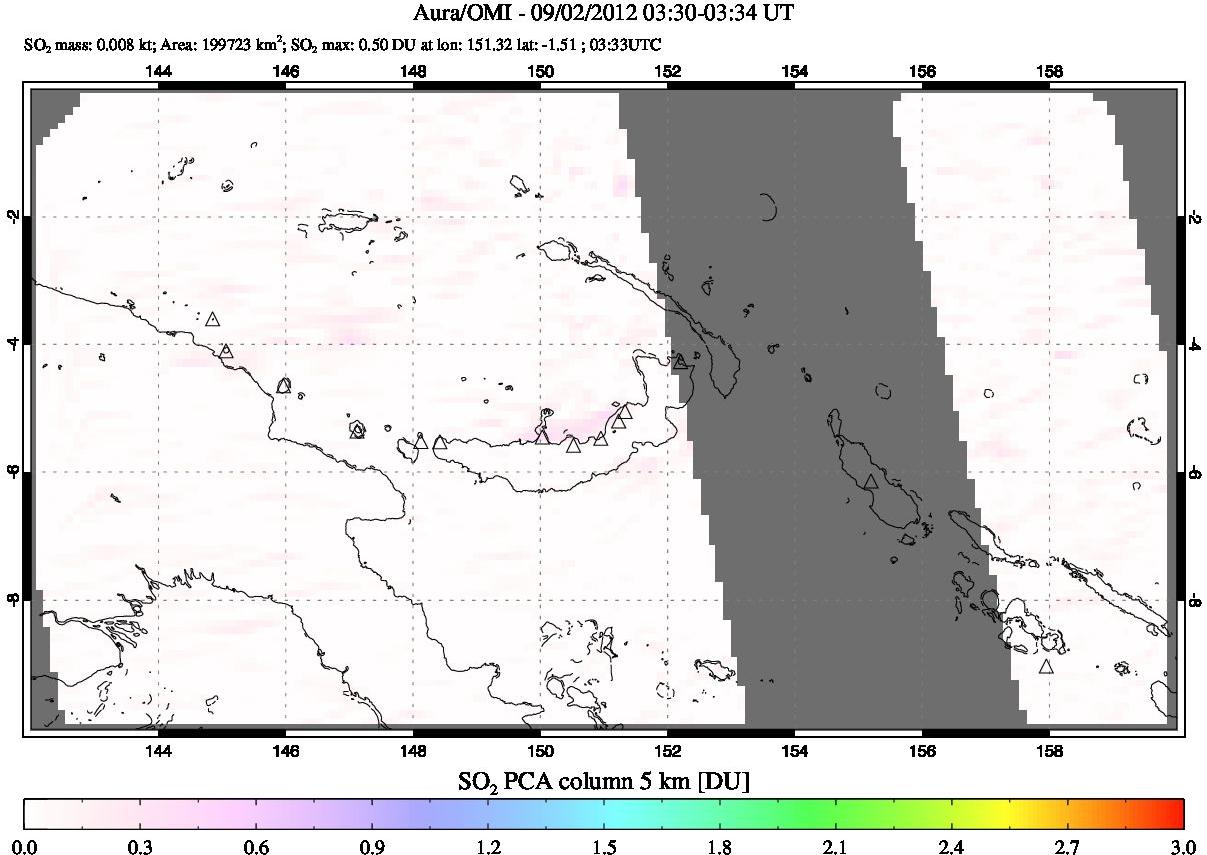 A sulfur dioxide image over Papua, New Guinea on Sep 02, 2012.