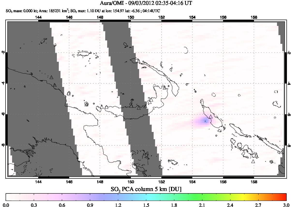 A sulfur dioxide image over Papua, New Guinea on Sep 03, 2012.